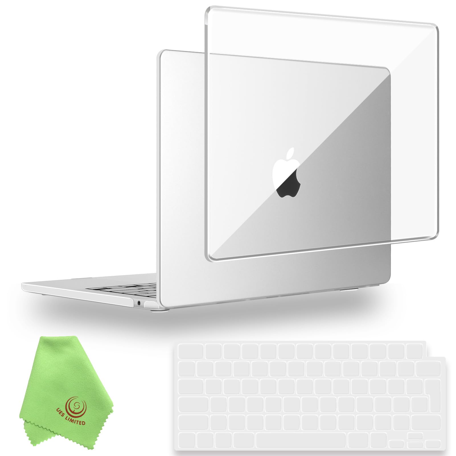 UESWILL 2in1 for MacBook Air (15 inch, M2 M3 M4 M5, 2023-2026) Model A3448 A3241 A3114 A2941, Glossy Clear Hard Shell Case + EU Layout Keyboard Cover + Microfiber Cloth, Transparent