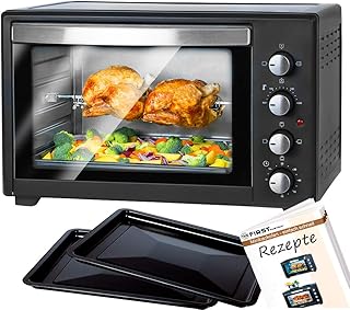 TZS First Austria - 45 Liter Minibackofen Mini Backofen mit Umluft | 2000 Watt Mini Pizza-ofen | Innenbeleuchtung | Drehspieß | herausnehmbares Krümelblech | Timer | Rezeptheft | 4 Einschubhöhen