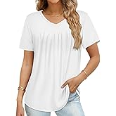 T Shirts for Women Short Sleeve Tops Casual Pleated Front Blouses V Neck Summer Tees