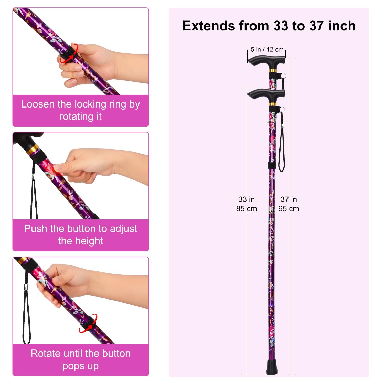 MFE Folding Cane, Portable 5-Level Adjustable Height Walking Stick with Foldable Design, Wrist Strap, and T Handle for Men and Women