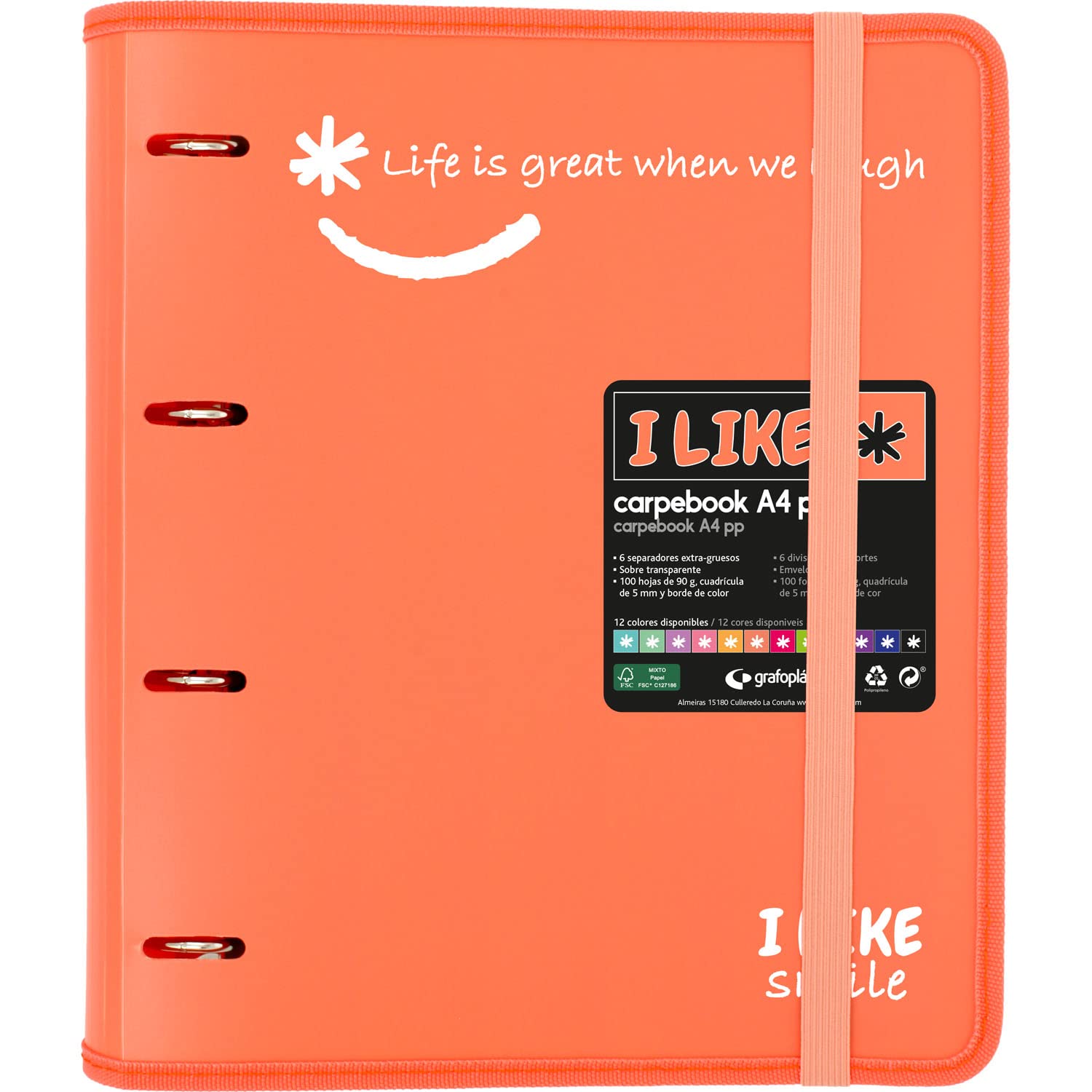 Grafoplás 88101884. 4 Ring Binder Die Cut with Replacement, A4, Coral, Semi-Rigid Polypropylene, Including Separators, Carpebook Like