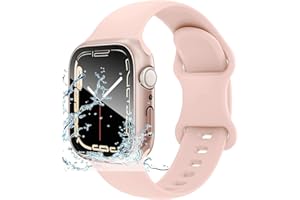 LASLLAVES For Apple Watch 9 Waterproof Case Built-in Tempered Glass Screen Protector with Silicone Soft Band Wrist Strap for iWatch Series 9 8 7