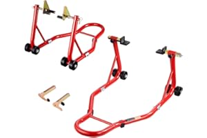 VEVOR Motorcycle Stand Lift, 850lbs Capacity Front Rear Combo Stand Lift, Front Wheel Dual-Fork Stand, Rear U+L Fork Swingarm Spool Stand, for Most Yamaha Honda Kawasaki Suzuki Motorcycles, Red