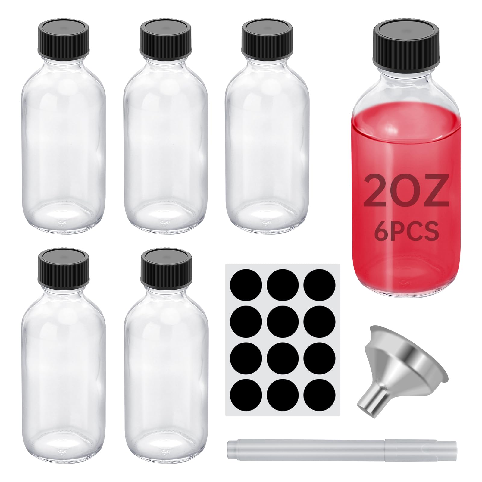Photo 1 of ***FACTORY SEALED***REUJIHXY 50PCS 2OZ Small Glass Bottles with Lids and Funnels, 60ml Boston Round Glass Bottle, Mini Bottles, Perfect for Diy Essential Oils, Perfumes, Whiskey and Juices (50)