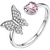 Bestyle Sterling Silver Butterfly Birthstone Rings for Women, Dainty Butterfly Stackable Ring Adjustable Ideal Valentine's Birthstone Gifts for Her