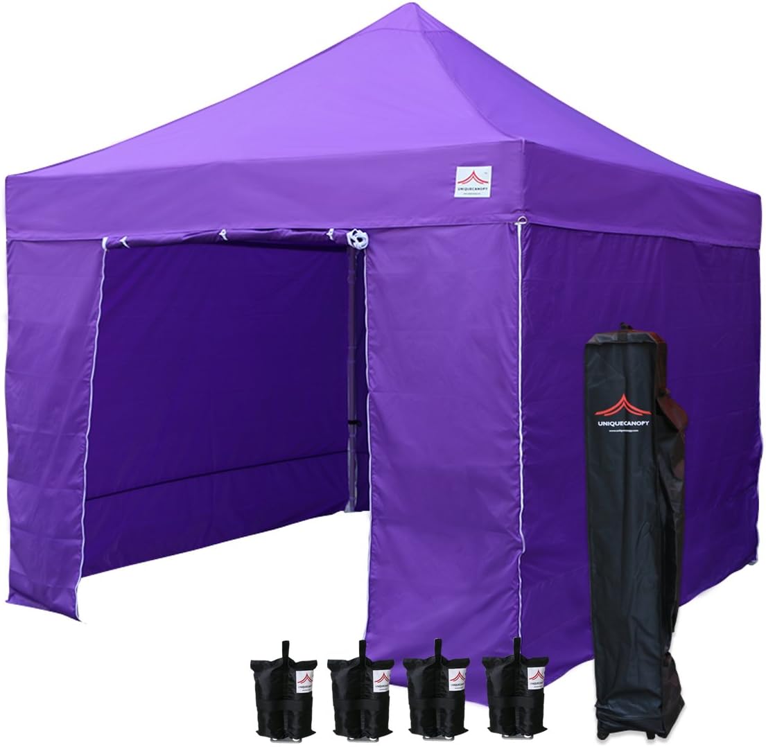 10'x10' Pop Up Canopy Tent Commercial Instant Shelter, with 4 Removable Zippered Side Walls and Heavy Duty Roller Bag, 4 Sand Bags Purple