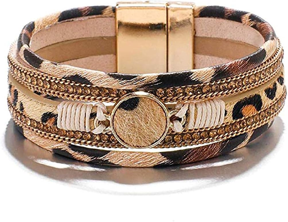Leopard Wrap Bracelets for Women Multilayer Wide Cheetah Print Cuff