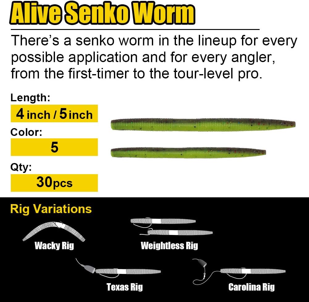 XFISHMAN Senko Worms Bass Fishing Lure Kit 30 pk Wacky Rig Worms Soft Plastic Stick Baits 4" 5" inch (Senko Worms (4in, 5 Colors, 30pcs)) : Sports & Outdoors
