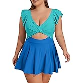 B2prity Women's Plus Size Swimsuit Tummy Control One Piece Swimdress Ruffle V Neck Cutout Wrap Bathing Suit with Skirt
