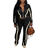AWASIR Women Striped 2 Piece Outfits Long Sleeve Zip Up Jacket Top and Wide Leg Pants Set Tracksuits with Pocket