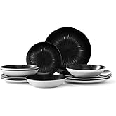 Bestone 12 Piece Round Kitchen Dinnerware Sets,Plates and Bowls sets,Dishes, Plates, Bowls, Dish Set，Plates and Bowls,Service for 4, Chip Resistant Porcelain ，Starburst Turquoise Black