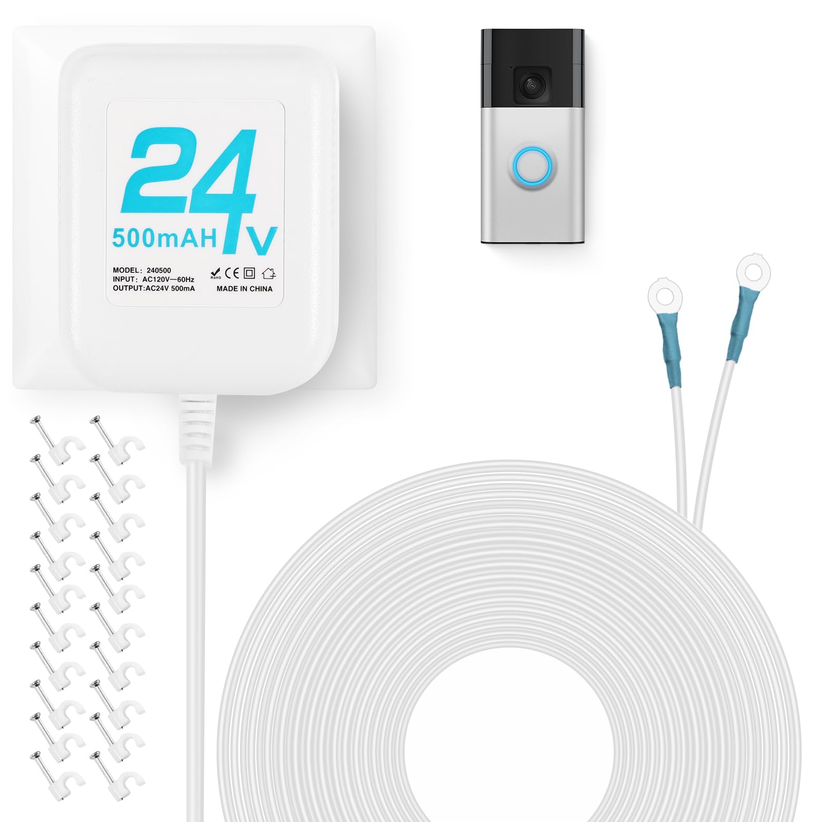 Photo 1 of 24V Doorbell Transformer, AC Adapter for All Ring Video Doorbell Versions, 16.4ft Doorbell Power Supply, Power Cable Compatible with Ring, Nest, Wyze, and Eufy Doorbells (White)