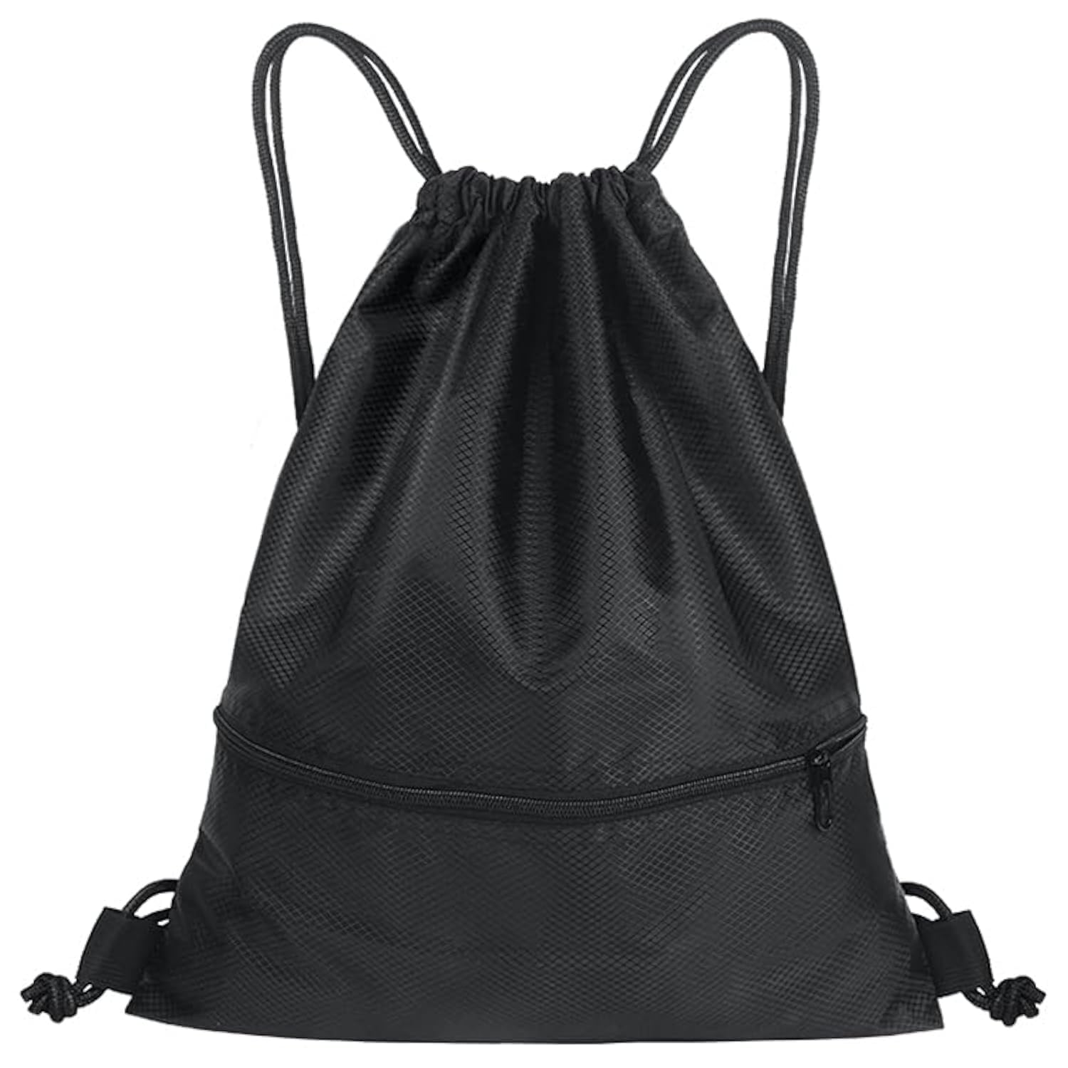 SWKJ Drawstring Bag, Large PE Bag Drawstring Gym Bag with Zipper Pocket, Waterproof Swimming Bag for Kids Women Men for Sports Travel Beach School (Black)