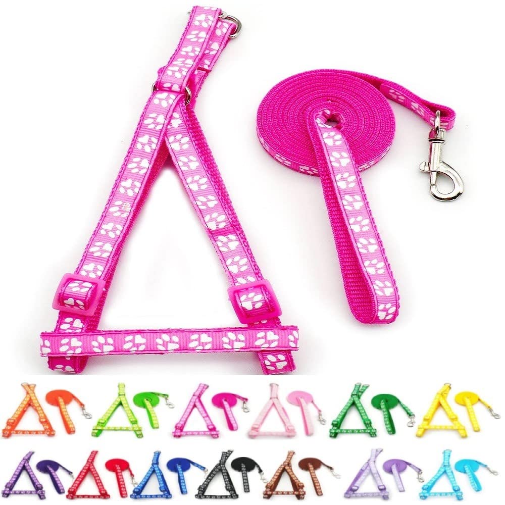 Small Dog Puppy Pet Cat Kitten Harness and Lead Set Pawprint Design Nylon Adjustable Chest Size 21-34cm and 120cm Leash Pink Magenta Rose