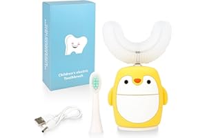 Renaelelife Kids Sonic Electric Toothbrush U Shaped Automatic Timer IPX7 Waterproof 5 Modes 360° Oral Cleaning Teeth Whitening Gums Massage Replaceable Soft Cartoon for 7-15 (Yellow Penguin)
