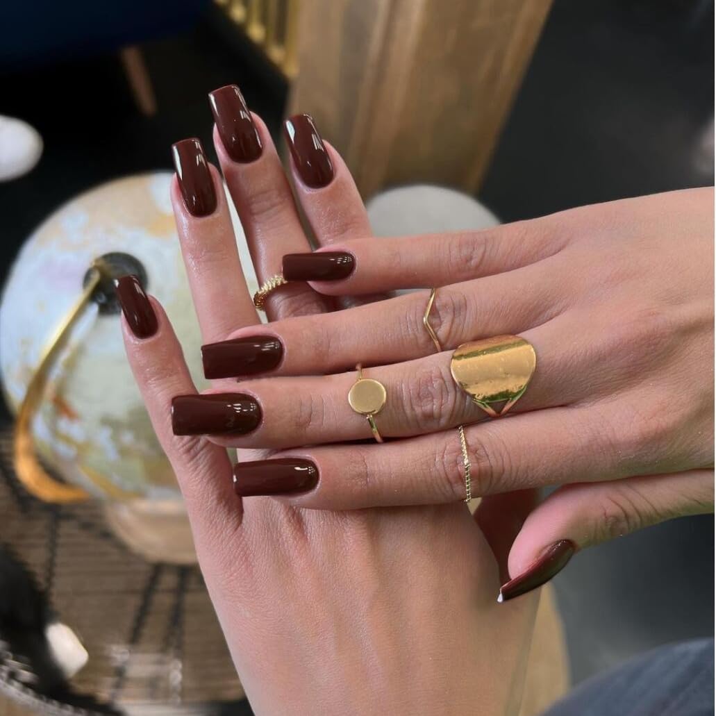 Fall Nails KQueenest Medium Long Press On Nails Coffin Nails Press Ons Gloss Brown Dark Color Long Fake Nails For Women Thick Gel Square Tip Nails Acrylic False Nails Set, 24 Pcs - Image 3