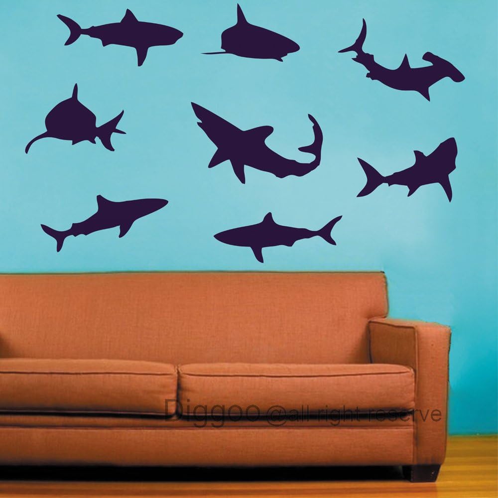 Shark Wall Decal Beach Decor - Shark Decor Vinyl Wall Decals Set of Eight Sharks Graphic(Navy blue,s)