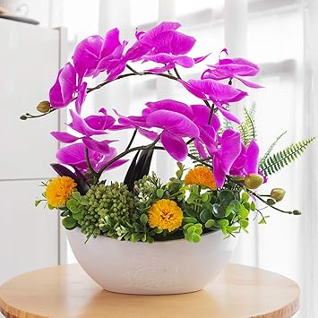 Amazon Com Yiliyajia Artificial Orchid Bonsai Fake Flowers With Vase Arrangement 7 Head Waterproof Pu Phalaenopsis Bonsai For Home Table Decor Style 3 White Vase Kitchen Dining
