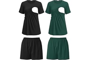 Ekouaer 2 Pack Women's Nursing Pajamas Set Double Layer Maternity Pjs Postpartum Loungewear Set Breastfeeding Tops & Shorts
