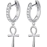 S925 Sterling Silver Ankh Cross Huggie Hoop Dangle Drop Earrings for Women Men Easter Jewelry