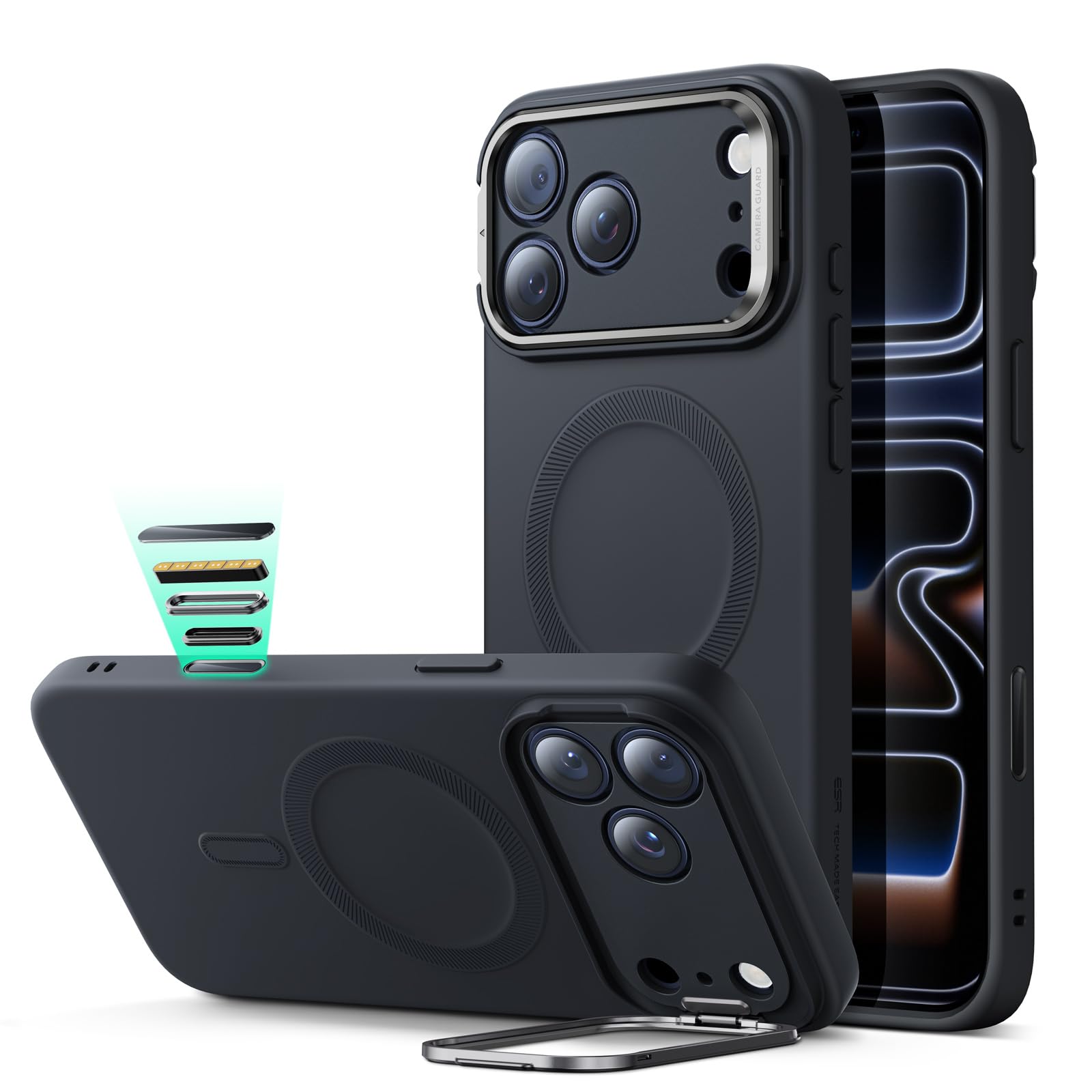 Photo 1 of ESR Silicone Case for iPhone 17 Pro, Built-in Camera Stash Stand Compatible with MagSafe, Military-Grade Drop Protection Magnetic Phone Case for iPhone 17 Pro, Cloud Series, Black