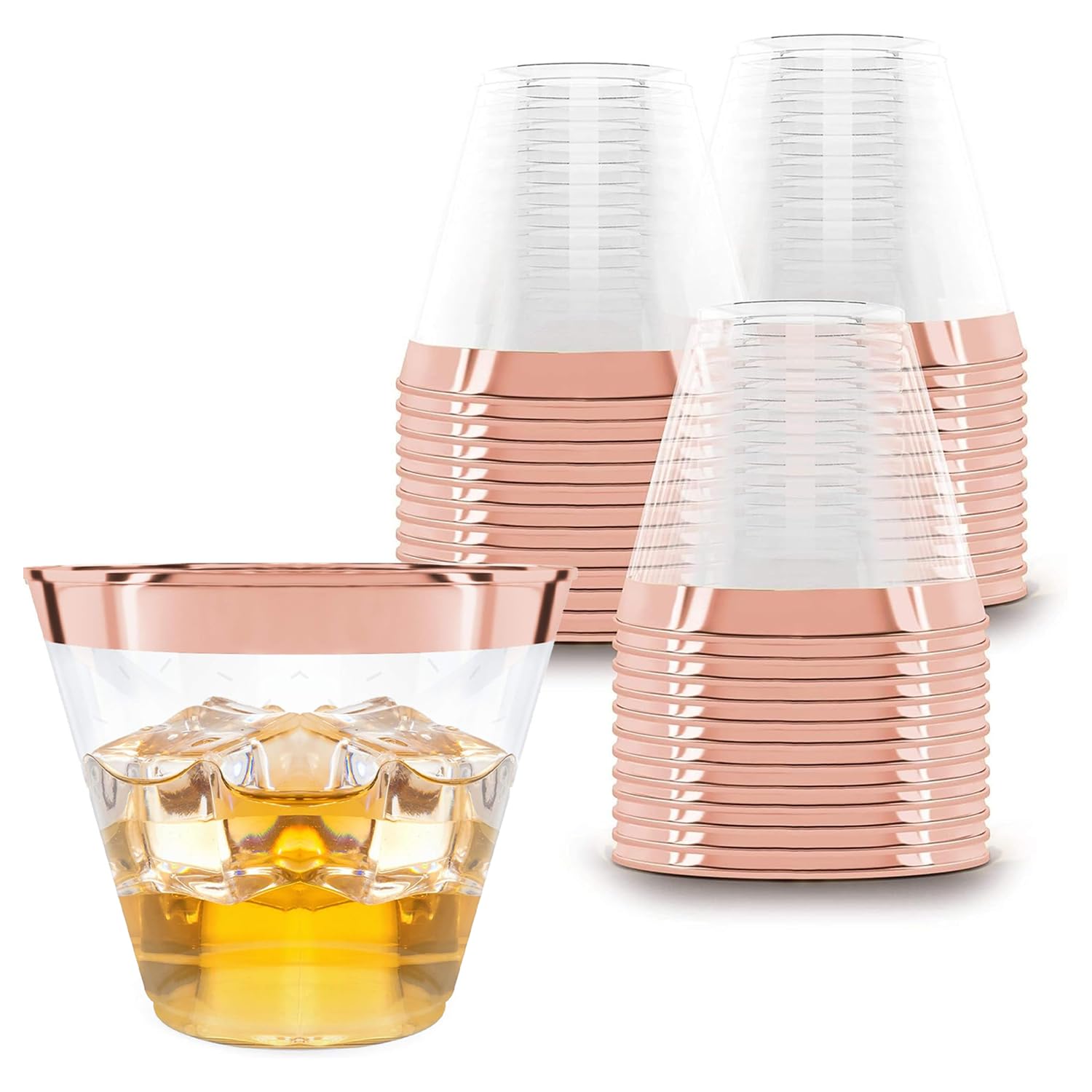 Photo 1 of Prestee 100 Rose Gold Plastic Cups - Rose Gold Plastic Cups 9 oz - Party Decorations - Disposable Wine Cup - Clear Cup - Bulk Party Wine Glasses