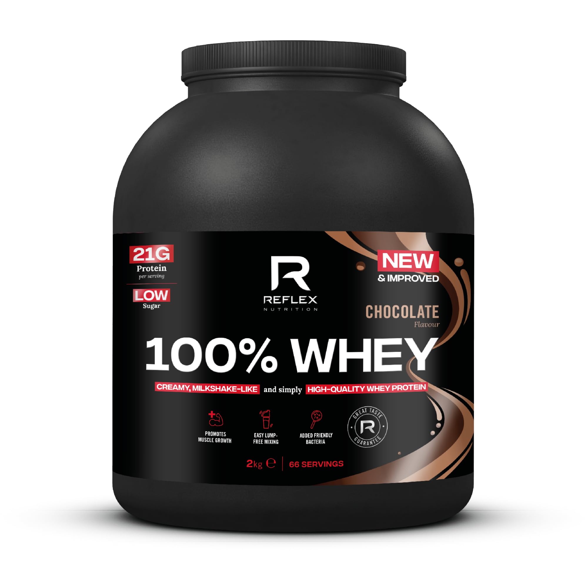 Reflex Nutrition 100% Whey Protein - 80% Pure Whey Protein - EAA Amino Acids - No Added Sugar - Whey Protein Powder for Pre Workout & Post Workout Recovery (Chocolate, 2kg, 66 Servings)