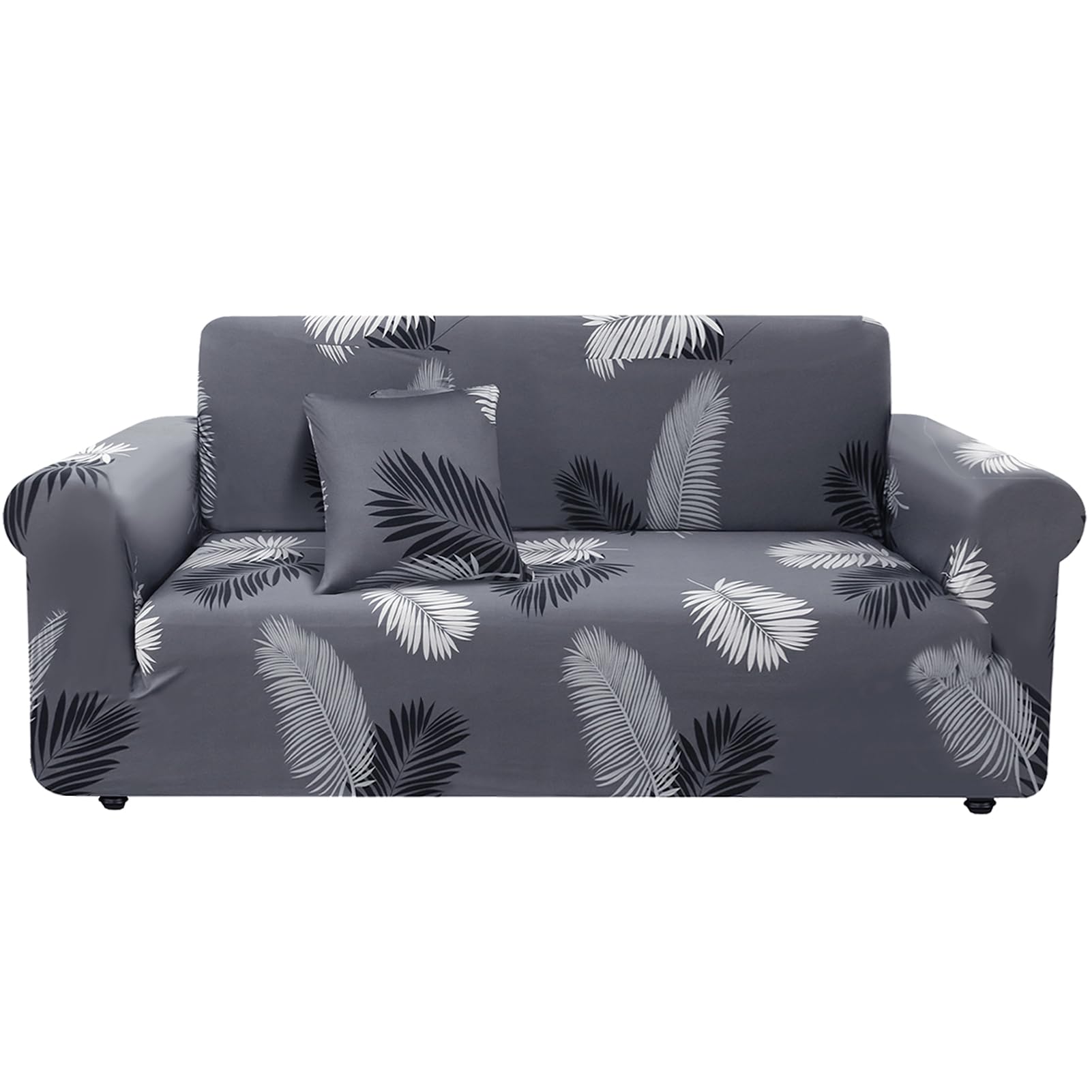 HEYOMART Sofa Cover High Stretch Elastic Fabric 1 2 3 4 Seater Sofa Slipcover Chair Loveseat Couch Cover Polyester Spandex Furniture Protector Cover with 1 Pillowcase (3 Seater, Black Feather)