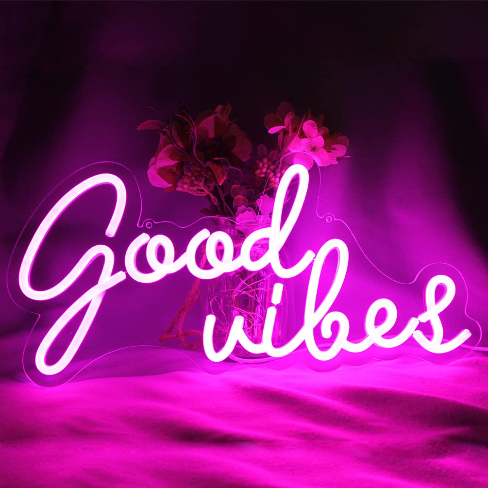 DAKABUKA Good Vibes Neon Signs LED Night Lights For Wall Decor Pink 5V USB Powered With Dimmable Switch Bedroom Party Restaurant Bar Pub Hotel Recreational Decoration（16 * 7.5“）
