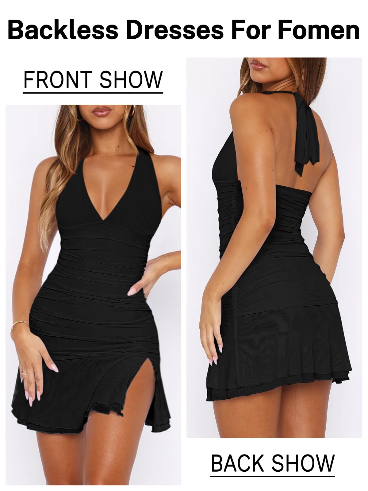 MIYIEONZ Women Sexy Halter Deep V Neck Ruched Bodycon Dress Summer Side Slit Mesh Hem Cocktail Club Party Short Mini Dresses