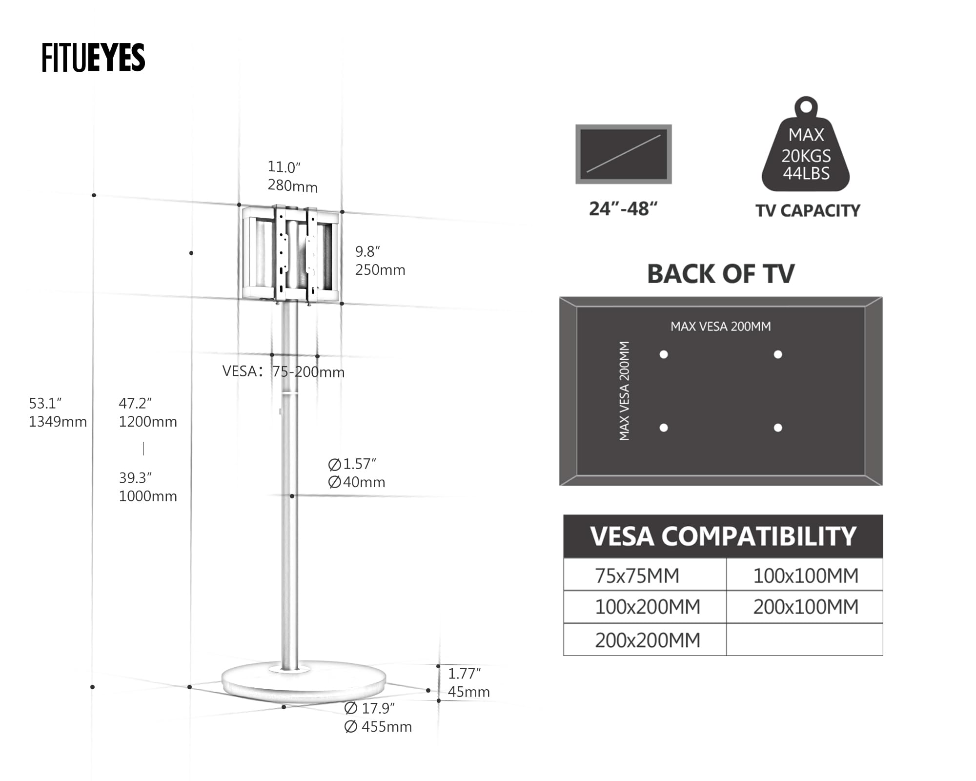 FITUEYES Design Small Rolling TV Cart for 24-48 Inches TV, Minimalist Modern TV Floor Stand on Wheels Fits Max VESA 200x200mm, V2 Portable Smart TV Cart, White, Master Series