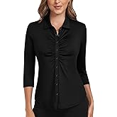Soneven Women's 3/4 Sleeve Golf Polo Shirts V Neck Ruffle Sleeve Dressy Tops Casual Work Tunic Blouses