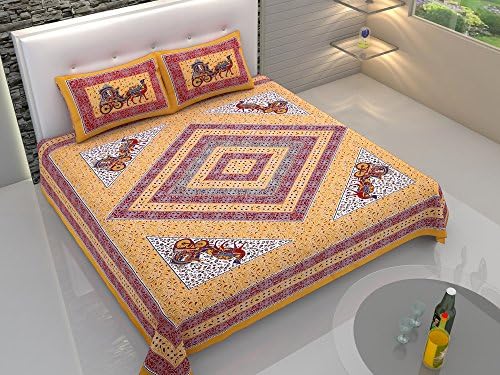 Artico 100% Pure Cotton Indian King Size Doublebed Bedsheets Rajasthani Traditional Tapestry Mandala Bohemian Boho Hippie Sanganeri Elephant Camel Motifs Style with 2 Pillow Cover