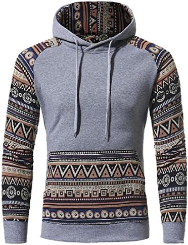 Colourful Men Tribal Hoodie Stitching Pocketed Stylish Pullover Sweatshirt Light Grey M