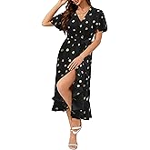 Women's Summer Floral Wrap Dress Casual Boho Printed V Neck Short Sleeve Ruffle Flowy Beach Midi Dresses with Pockets