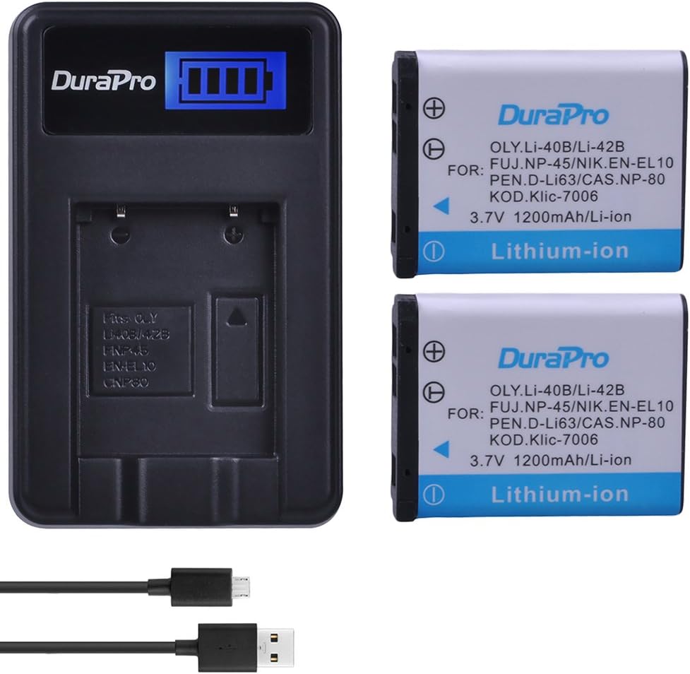 DuraPro 2Pcs 3.7V 1200mAh EN-EL10 Li-40B NP-45 Battery + LCD USB Charger for Olympus Li-42B Fujifilm NP-45 Nikon EN-EL10 D-Li63 D-Li108 NP-80 CNP80 KLIC-7006