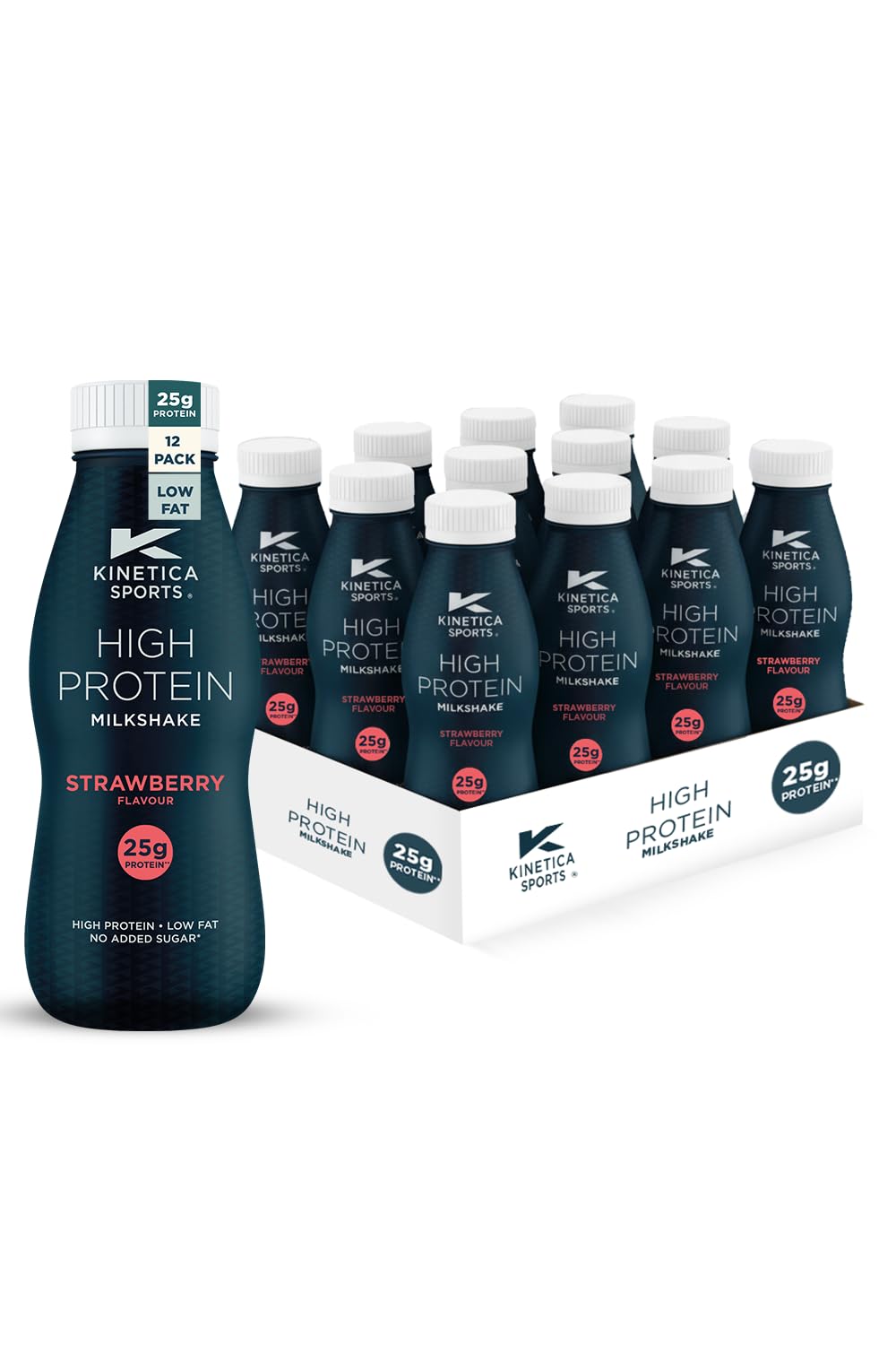 Kinetica Sports Ready-to-Drink High Protein Milkshake - Strawberry Flavour | 25g Protein/Bottle, 12 X 330ml Pack | High Protein, Low Fat & No Added Sugar |Convenient, high protein option for on-the-go