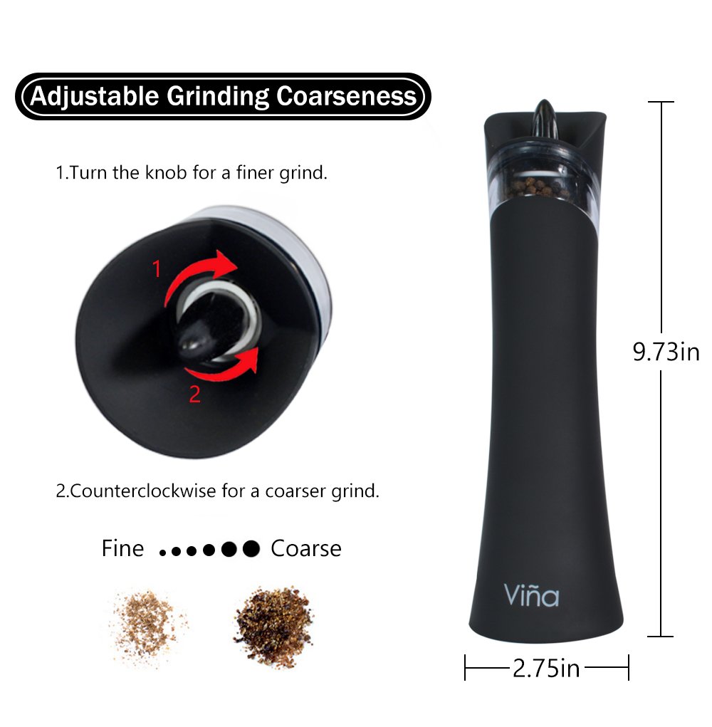 Vina Electric Gravity Salt Pepper Grinder Set, Adjustable Grinding Coarseness Automatic Shaker Mills with Ceramic Core, Free Garlic Roller Included, Pack of 2, Black