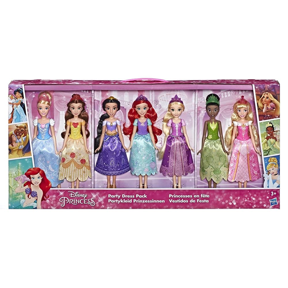 Disney Princess Party Dress Pack, Includes Ariel, Aurora, Belle, Cinderella, Jasmine, Rapunzel, and Tiana Fashion Dolls
