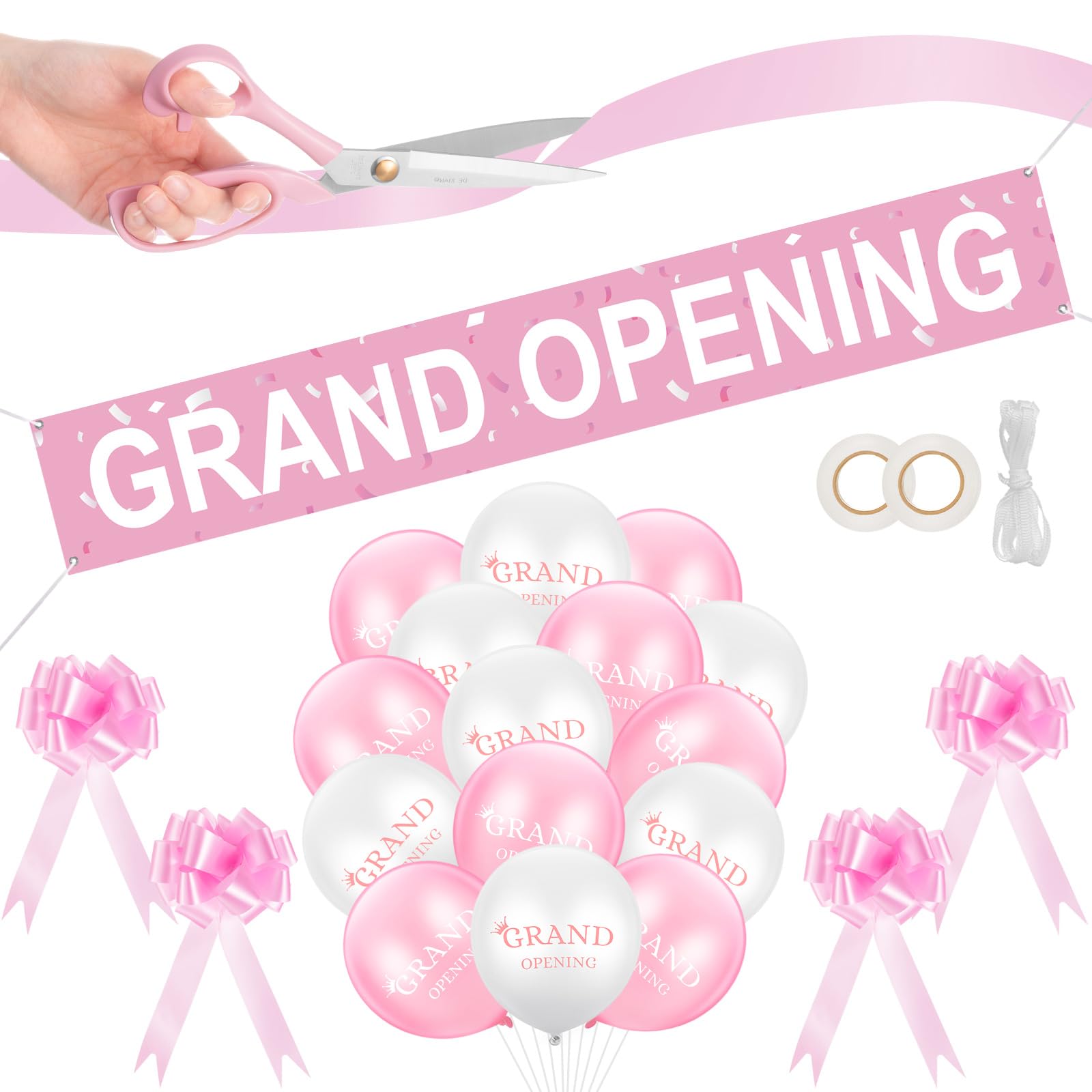 Photo 1 of Grand Opening Ribbon Cutting Ceremony Kit Grand Opening Banner Decorations with 10'' Scissors 40 Pcs Balloons Satin Ribbon Bows and More Supplies for Business Events(Pink)