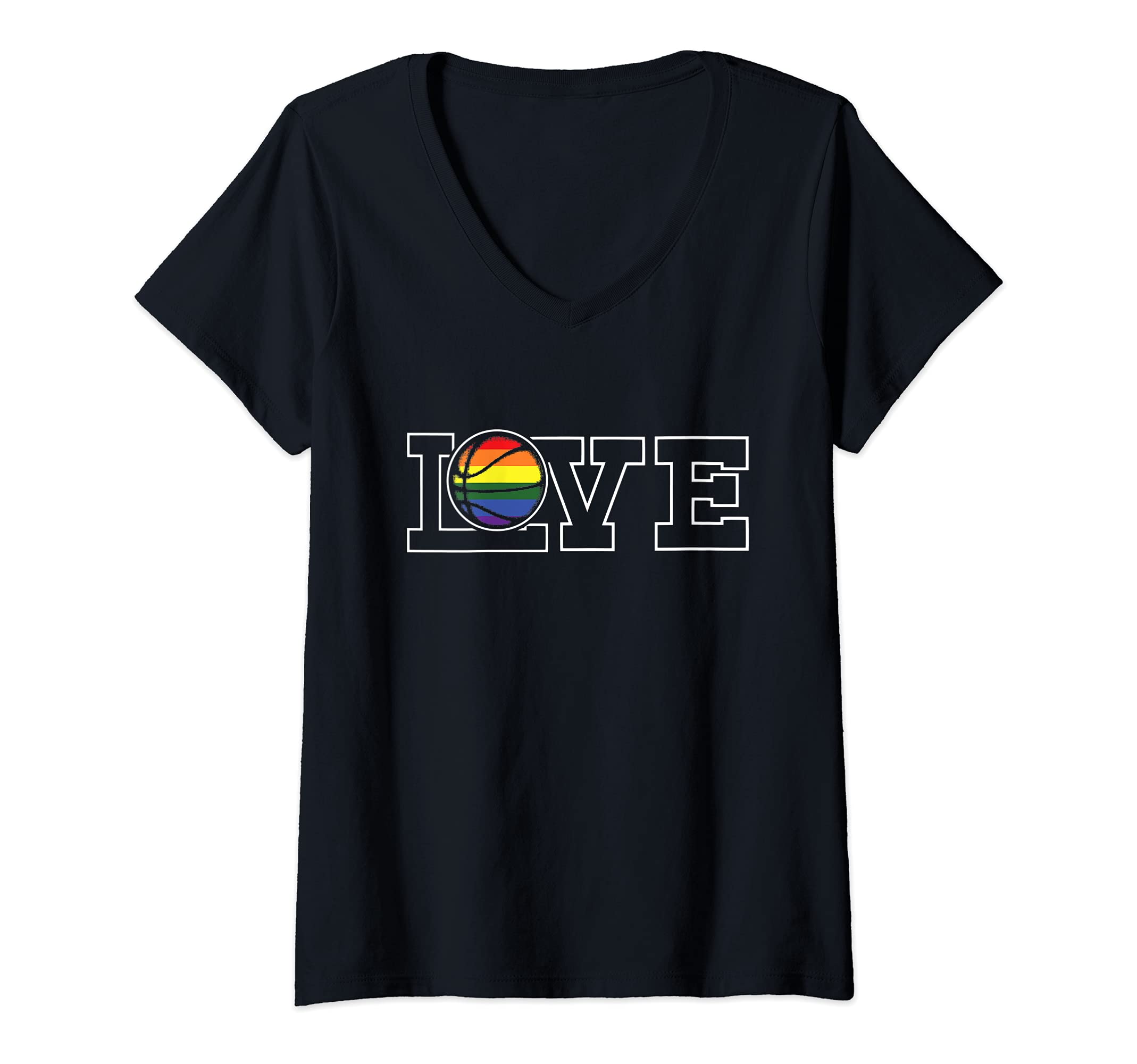 Womens Love Basketball LGBT-Q Gay Pride Rainbow Flag Sport Fan Ally V-Neck T-Shirt