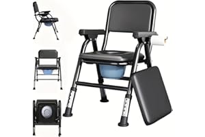 Folding Steel Bedside Commode Chair, Portable Toilet,Toilet Seat with Arms Handles and Back Support, Adults Potty Chair with 