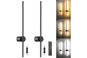 GOODATE Wall Sconces Set of Two with Remote, Stepless Colors 3000K-6500K & Stepless Dimming, Hardwire or Plug-in, 180° Rotate, LED Black Plug in Wall Sconces with Timer & Night Light, 23.6 Inches