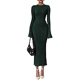 PRETTYGARDEN Sweater Dresses for Women 2026 Fall Bell Long Sleeve Crew Neck Bodycon Maxi Dress Winter Ribbed Knit Outfits