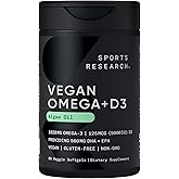 Sports Research Vegan Omega-3 with Vitamin D3 Softgels - 1020mg Omega-3 & 5000iu D3 Supplement - Fish Oil Alternative with Vitamin D Plant-Based Support from Algae Oil - 60 Veggie Softgels for Adults