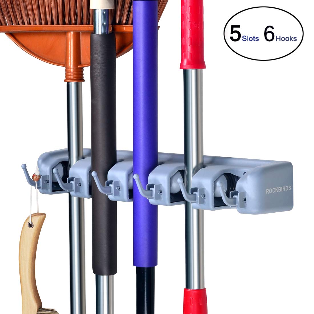RockBirds Broom Mop Holder, T56 Multipurpose Wall Mounted Organizer, Ideal Broom Hanger Solution for Kitchen, Garage, Warehouse (5 Position with 6 Hooks)