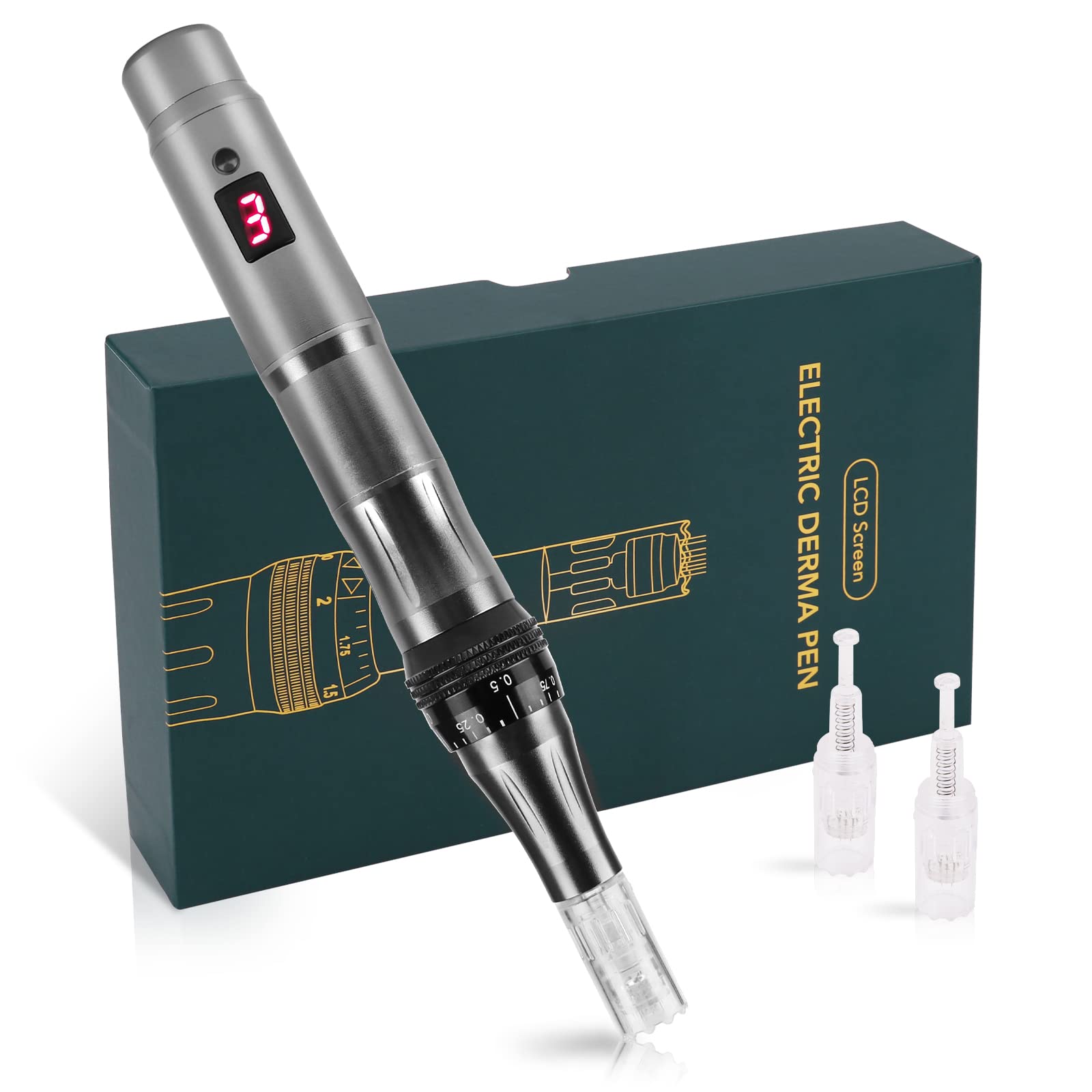 Ms.Carer Microneedling Pen Electric Dermapen 0.00-2.00 mm with 5 Speeds 2 Needle Cartridges LCD Display Face Care Skin Tightening Wrinkle and Acne Removal (Silver)