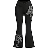WDIRARA Women's Plus Size Goth Graphic Bell Bottom Flare Pants V Cross High Waisted Yoga Leggings