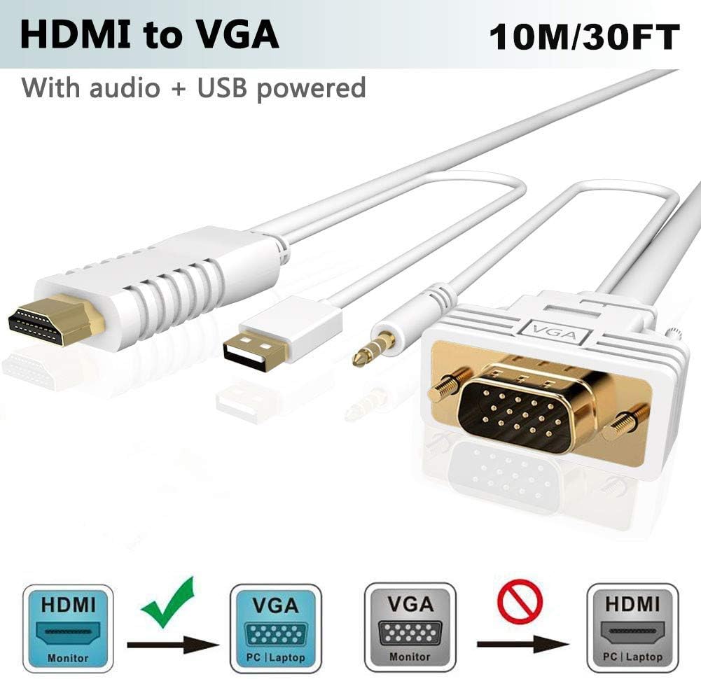 10M HDMI to VGA Adapter Cable/Cord with Audio,FOINNEX 1080P Video HDMI in VGA Converter Lead, HDMI Source to VGA In Connector Wire for Convert PS3,PS4,Xbox,PC,Mac to TV,Monitor,Projector