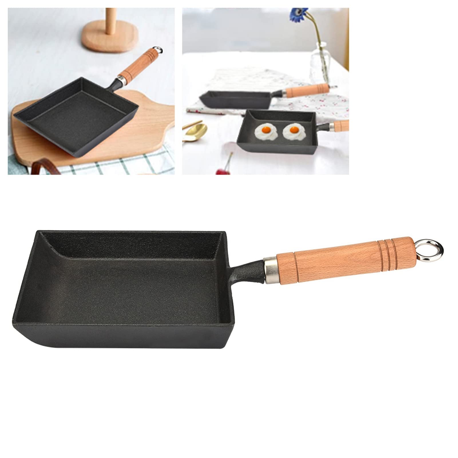 Greensen Tamagoyaki Japanese Omelet Pan - Square Egg Tamago Mini Frying Pan With Wooden Handle, 37x15.5cm, Black